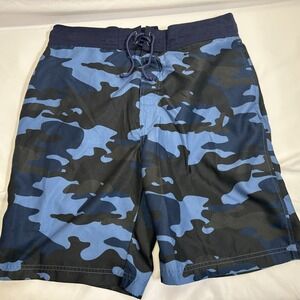 Bass Pro Swim Shorts Mens M Blue Camo Drawstring Mesh Pockets Trunks Polyester